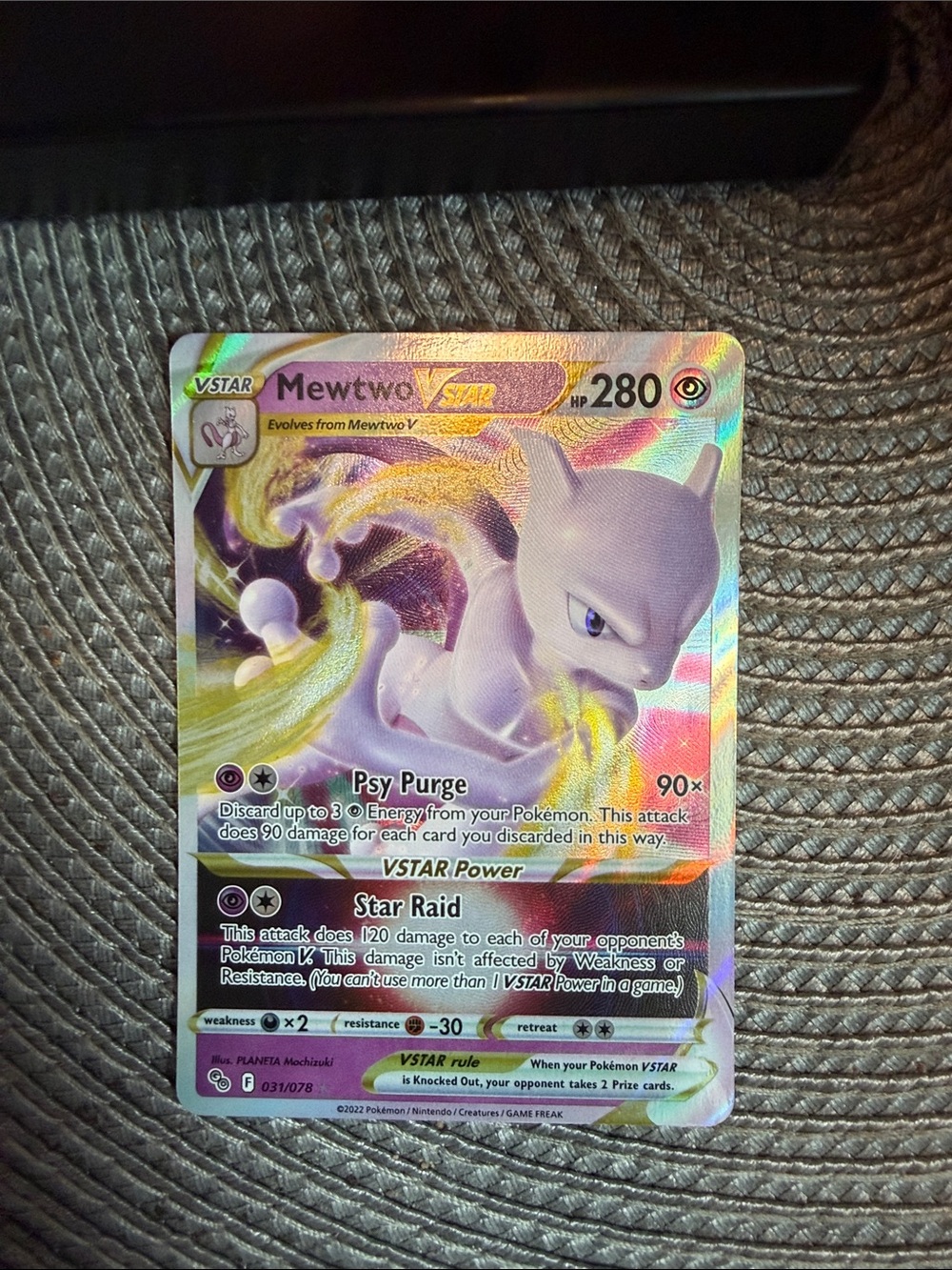 Pokemon Mewtwo VSTAR Holographic Card - Purple, Yellow, Pink